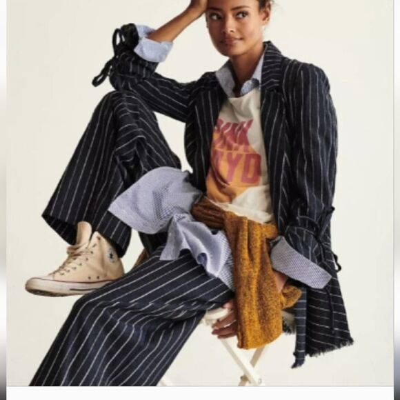 Free people Indigo navy Stella longline striped  double breasted  blazer SMALL - Picture 4 of 12